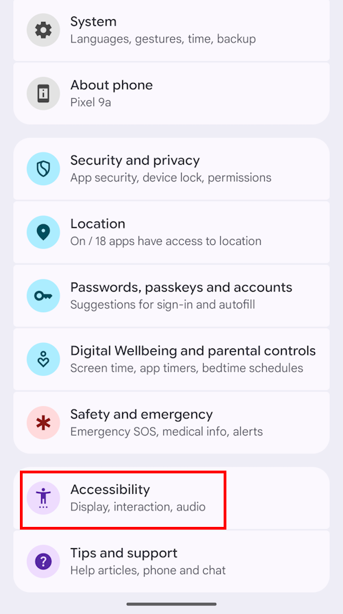 Tap Settings then scroll down and tap Accessibility